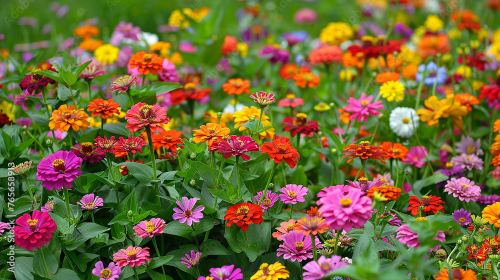 A riot of colors as zinnias bloom in a meticulously manicured flower bed.