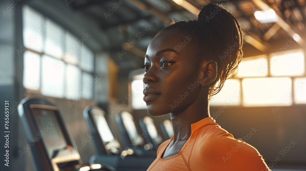 black woman at the gym. Concept of healthy lifestyle. - obrazy, fototapety, plakaty 