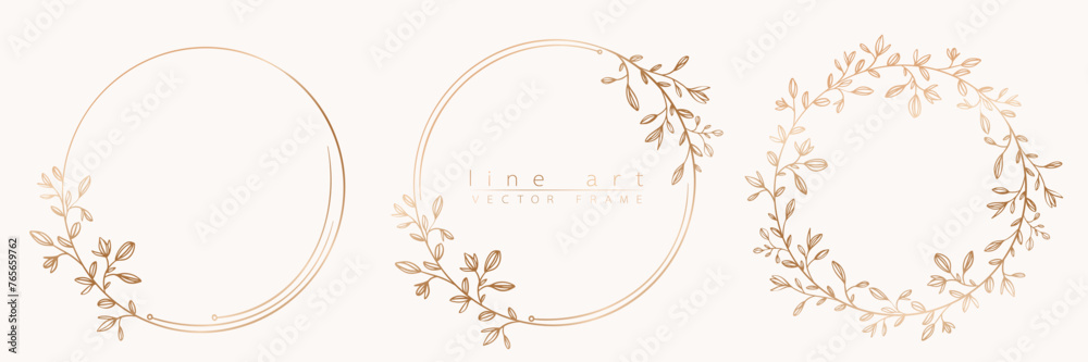 Botanical golden circle frame set. Hand drawn round line wreath, leaves and flowers for wedding invitation and cards, logo design, social media and posters template. Elegant minimal floral vector. Botanical golden circle frame set. Hand drawn round line wreath, leaves and flowers for wedding invitation and cards, logo design, social media and posters template. Elegant minimal floral vector.