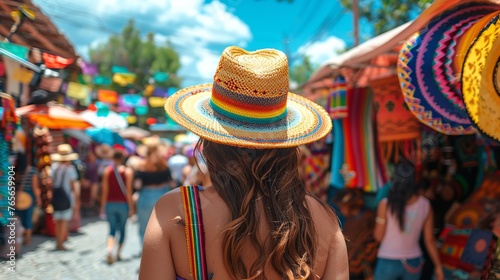 female tourist in a straw hat shopping at a traditional market with a brown bag. The market is filled with shops and people are busy