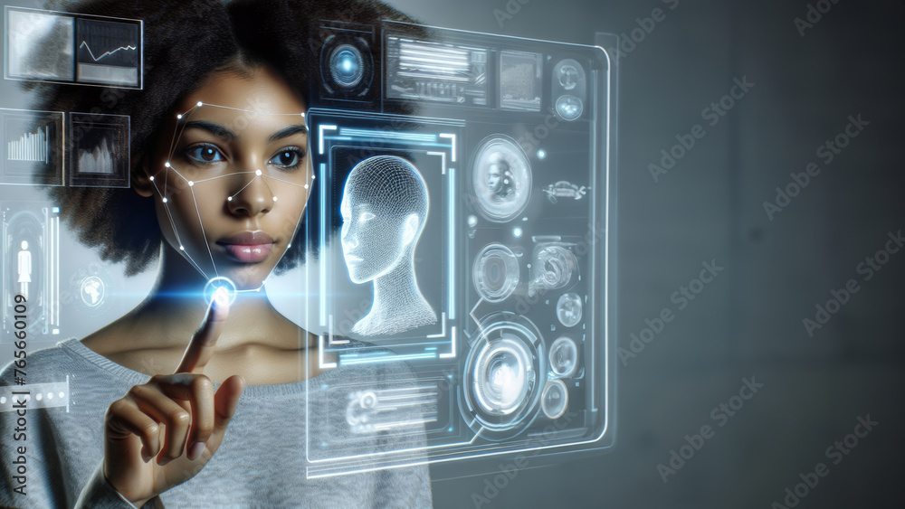 African woman engages with a futuristic biometric security system using ...