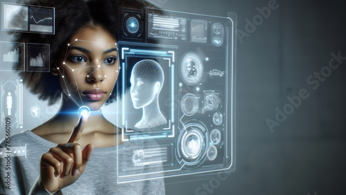 African woman engages with a futuristic biometric security system using fingerprint identification and facial recognition
