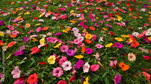 Petunias, like colorful confetti, scattered across emerald green lawns.