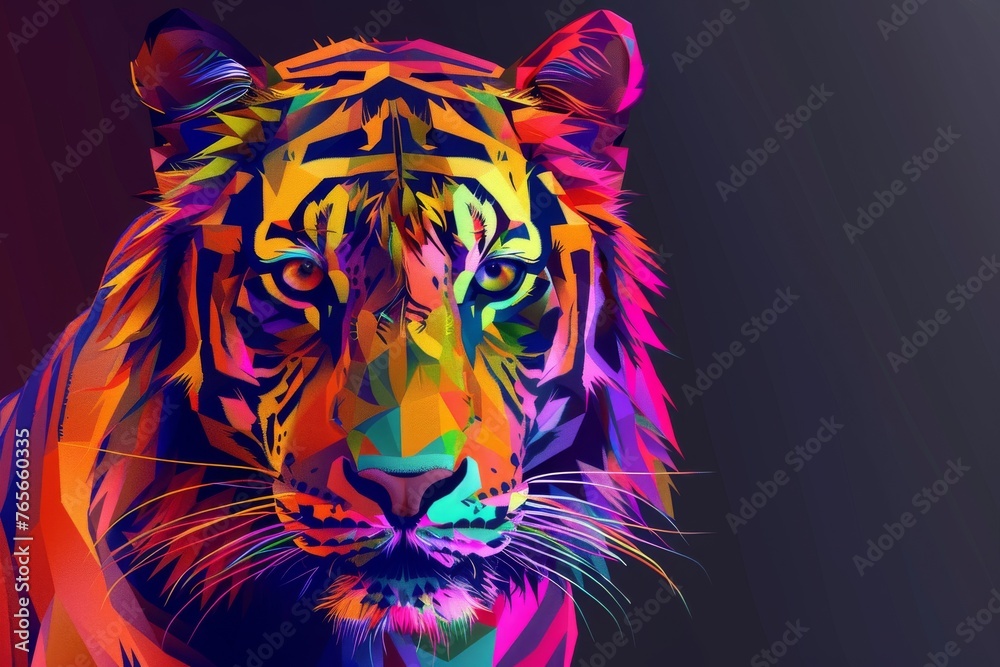 A tiger's face rendered in a dramatic low-poly style, featuring a vivid color palette against a contrasting dark backdrop.