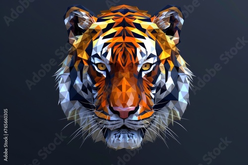 Digital art of a tiger in a captivating low-poly style  with sharp geometric shapes creating a powerful portrait on a dark background.
