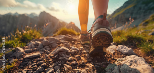 Vibrant image focusing on the lower half of a female hiker showcasing detailed sport shoes against the backdrop of a scenic mountain trail