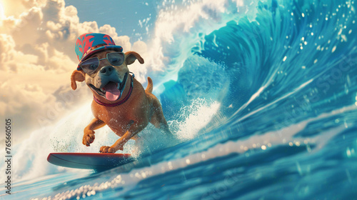 An animated scene where a playful dog surfs a giant wave wearing a quirky hat capturing the fun and adventure of vacation in a comical light photo