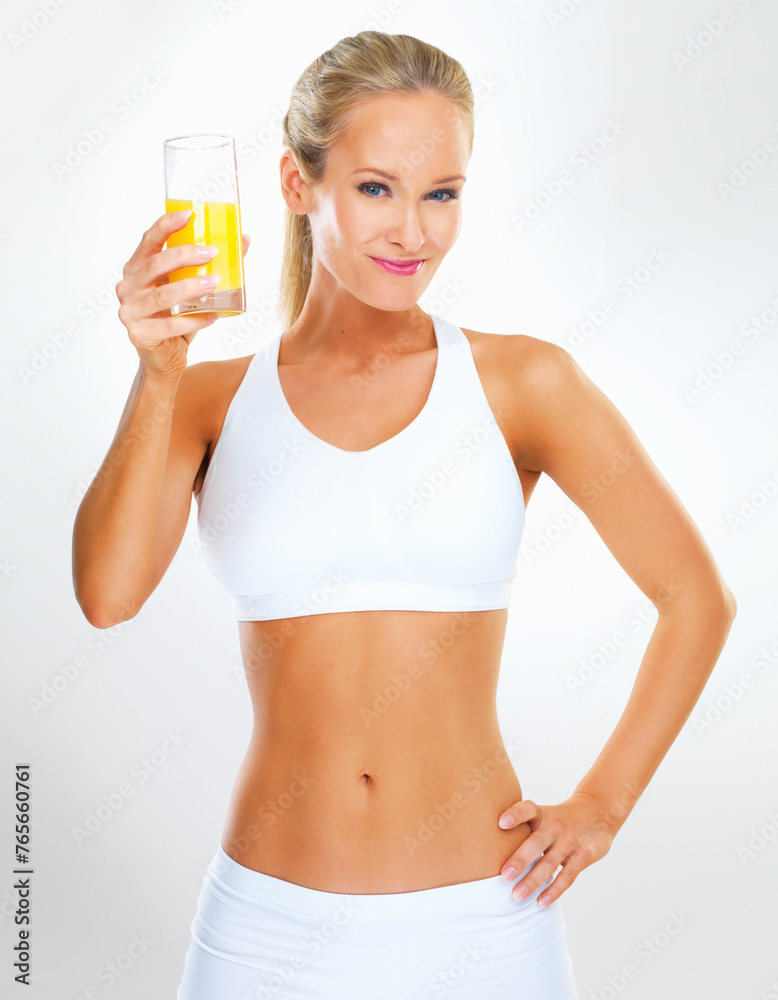 Studio, happy and portrait of woman with orange juice for healthy diet, nutrition and vitamin c. Glass, underwear and person with citrus beverage for detox, weightloss or wellness on white background Studio, happy and portrait of woman with orange juice for healthy diet, nutrition and vitamin c. Glass, underwear and person with citrus beverage for detox, weightloss or wellness on white background