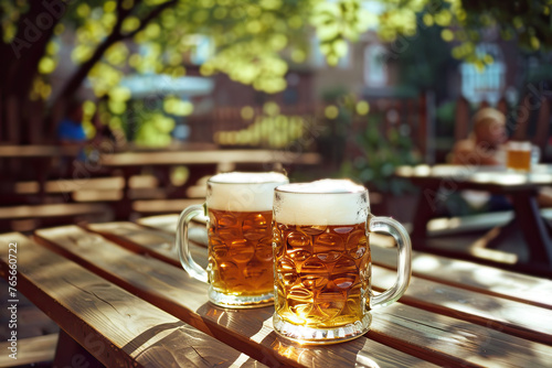close-up of two beer mugs on a wooden table in an outdoor restaurant