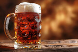 beer glass with foam on brown background