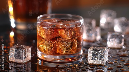 alcohol whiskey scotch drink in glass and ice cubes 