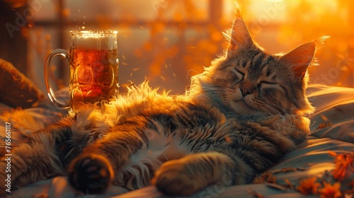 A cat lounging with a beer mug tipsy photo
