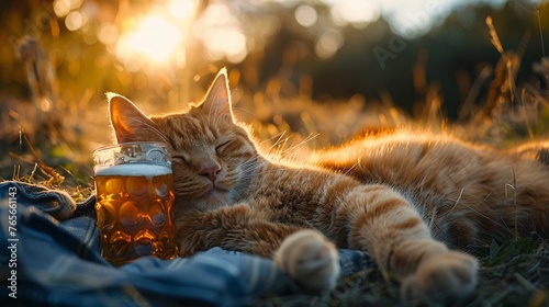 A cat lounging with a beer mug tipsy photo