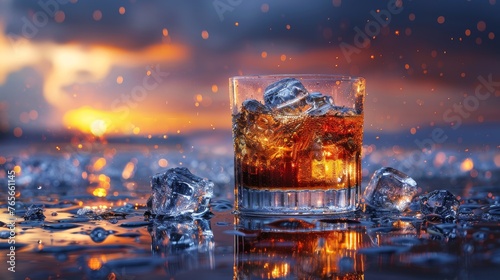 alcohol whiskey scotch drink in glass and ice cubes 