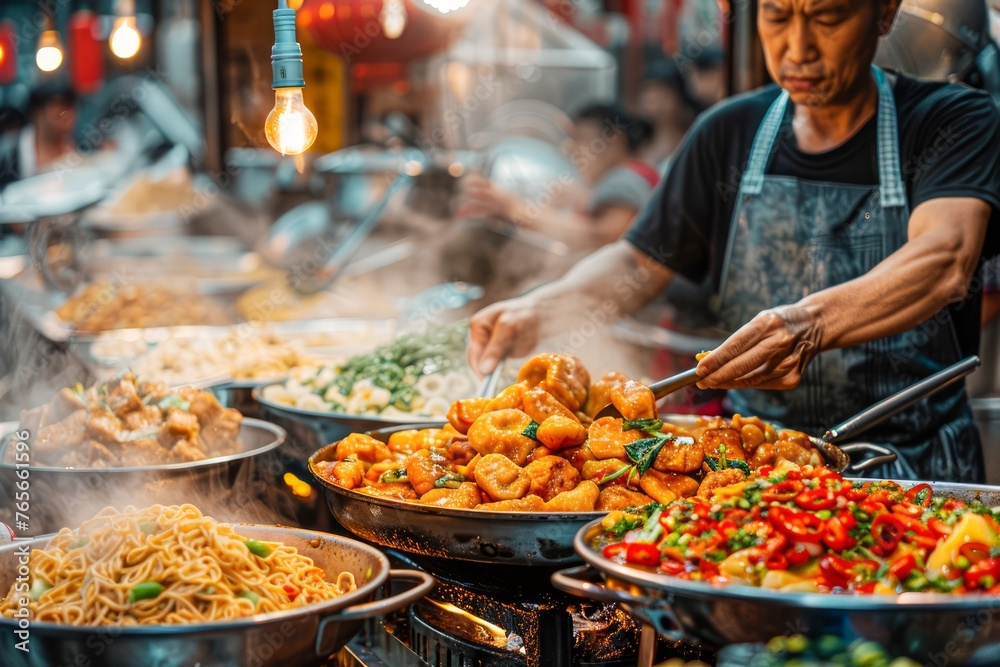 Bustling Asian Street Food Market Scene with Vibrant Colors and Delicious Cuisine Choices