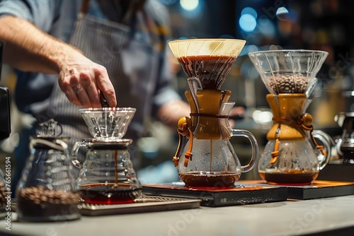 Barista Preparing Pour Over Coffee with Precision and Care in a Modern Cafe Environment