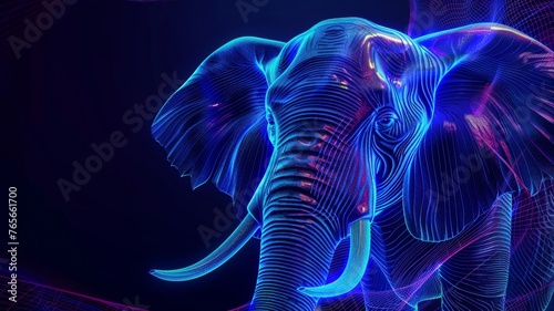 Wireframe of an elephant made of blue lines with luminous lights. © Glce