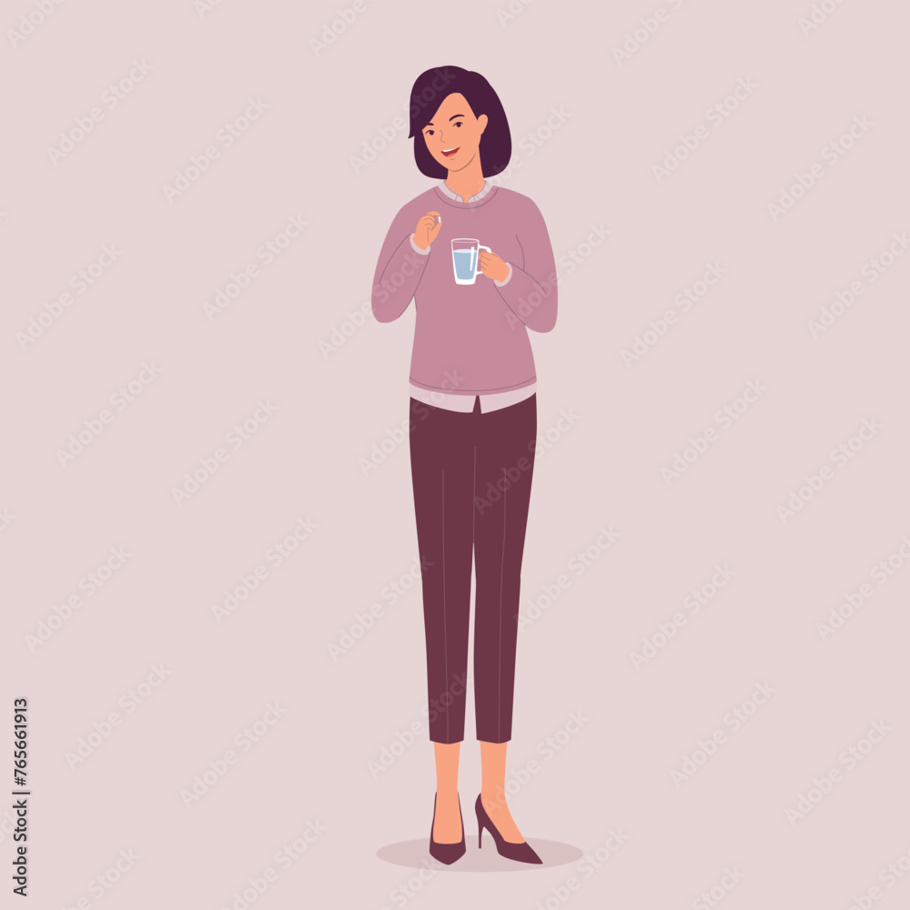 One Smiling Businesswoman Taking Pill With A Glass Of Water. Full Length. One Smiling Businesswoman Taking Pill With A Glass Of Water. Full Length.