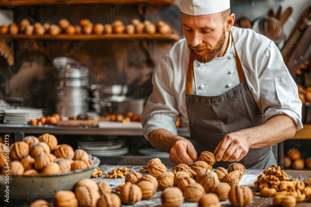 Professional Baker Arranging Freshly Baked Artisan Breads and Pastries in a Rustic Bakery Setting