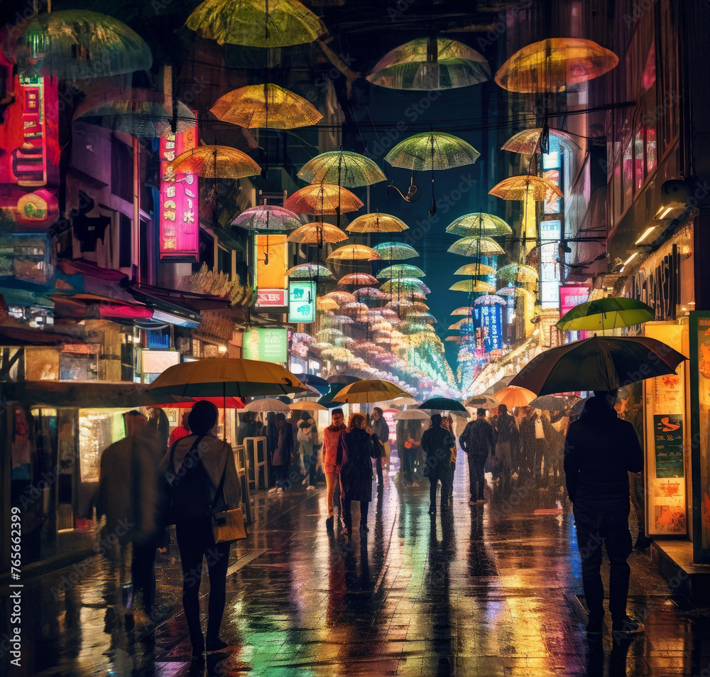 Busy city street at night with people walking in the rain under colorful neon reflections