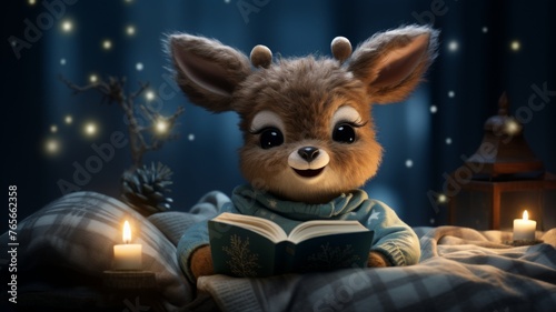 Story bed time with a Cozy Fawn, deer holding book in bedroom