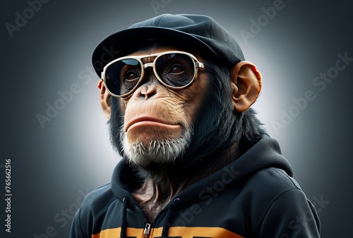 portrait of a chimp , chimpanzee in sunglasses, funny monkey with glasses, monkey wearing a sweatshirt
