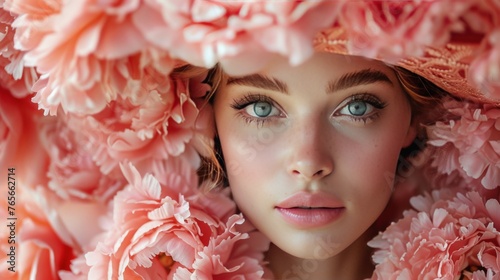 Woman With Blue Eyes Surrounded by Pink Flowers