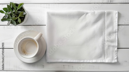 Kitchen towel with a cup of coffee on a white background with a place for text photo