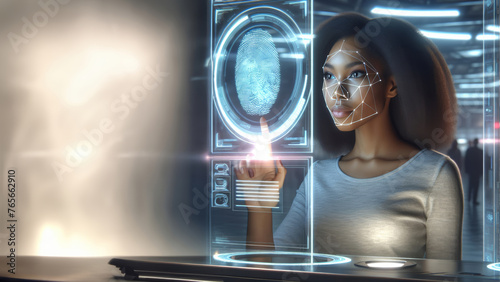 A woman engages with a futuristic biometric security system using fingerprint identification and facial recognition