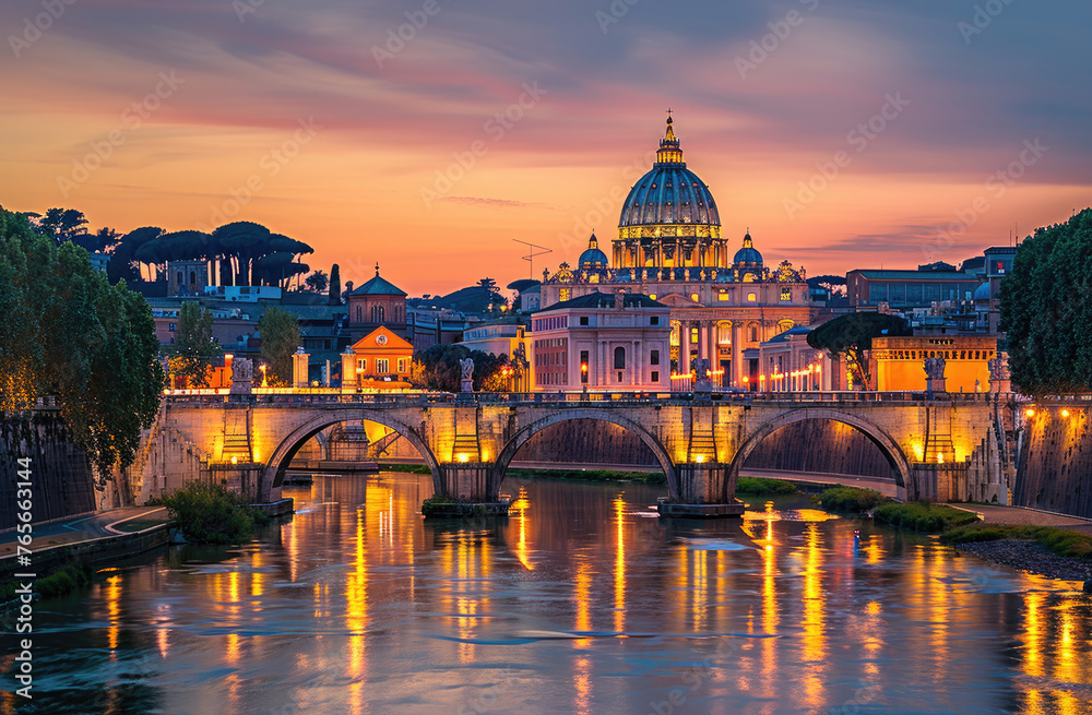 The iconic St Peter's Basilica and the Spanish Bridge at sunset, Rome Italy with illuminated buildings