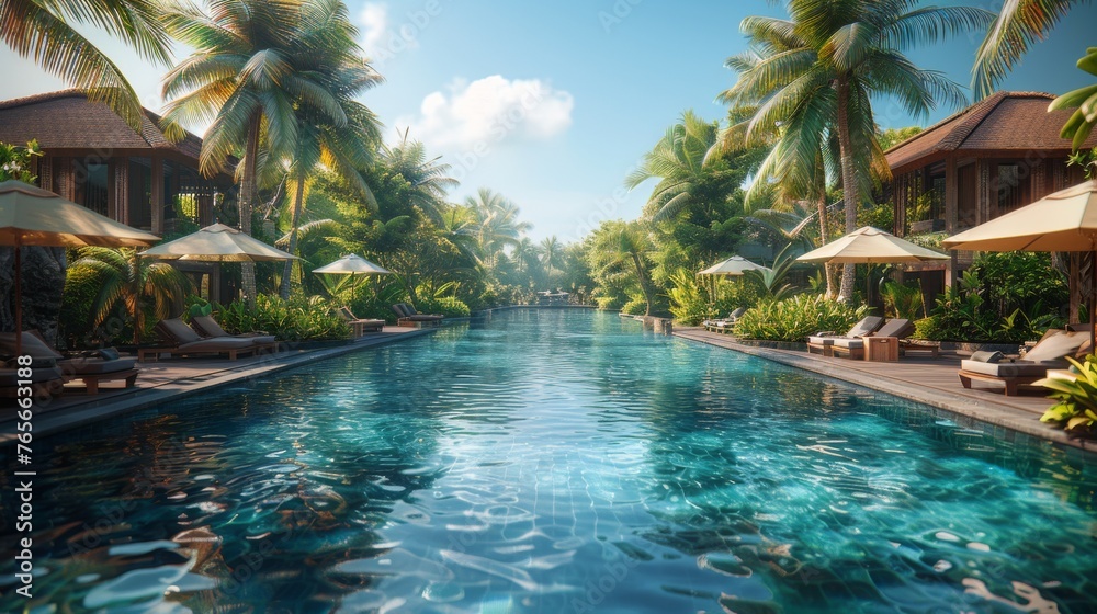 Obraz premium Large Pool With Palm Trees and Umbrellas