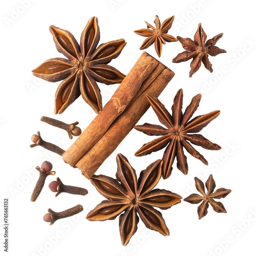 Star anise cinnamon and claves isolated on transparent background