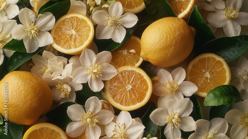 Group of Oranges With Flowers and Leaves