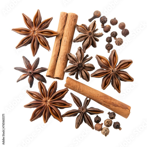 Star anise cinnamon and claves isolated on transparent background