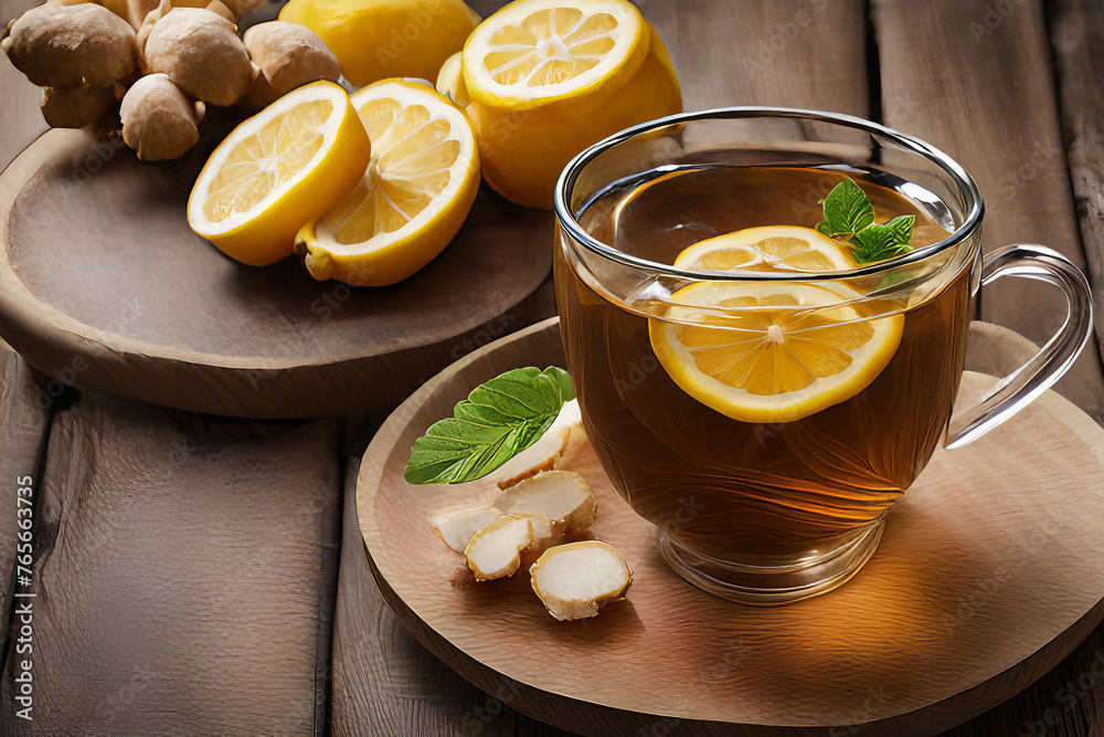 The ginger tea in a glass cup.