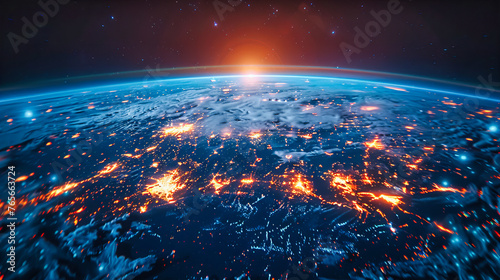 Planet Earth at night viewed from space, highlighting the illuminated cities and the global network of technology and communication across continents