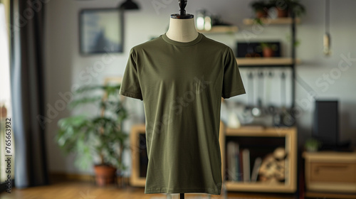 Olive Green T-Shirt on Mannequin in Home Interior