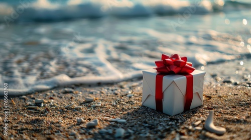 White Gift Box With Red Ribbon on Beach