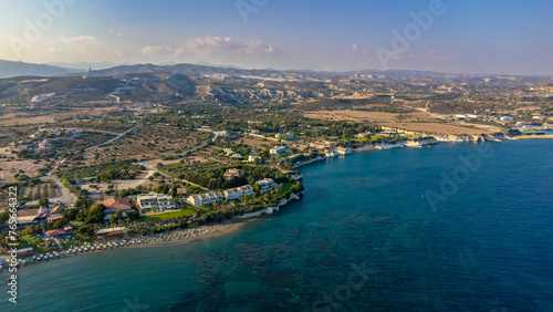 Aerial view of Governor's Beach, Cyprus on a sunny day