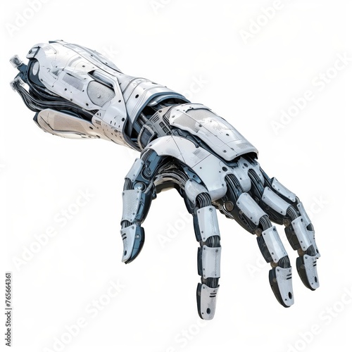 Close-up of a robotic hand with intricate design poised as if to grip an object, against a white background.