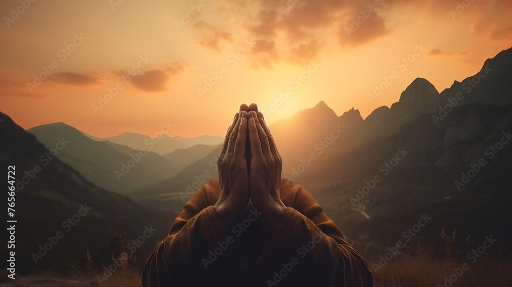 portrait of human hand opening palm to pray to god for all wishes to come true - obrazy, fototapety, plakaty 