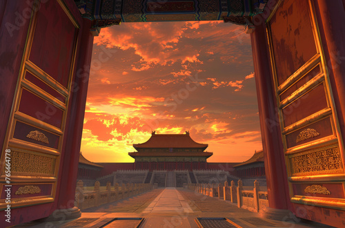 The majestic Forbidden City stands tall against the backdrop of an orange sunset sky, with its red walls and golden tiles gleaming under warm sunlight photo