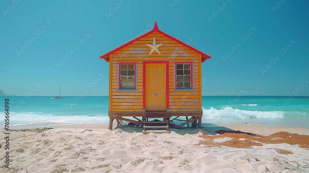 Fototapeta premium Colorful beach hut on sandy shore with clear blue sky and turquoise sea in the background.