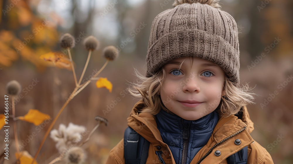 Child in jacket and beanie walking through an autumn forest.