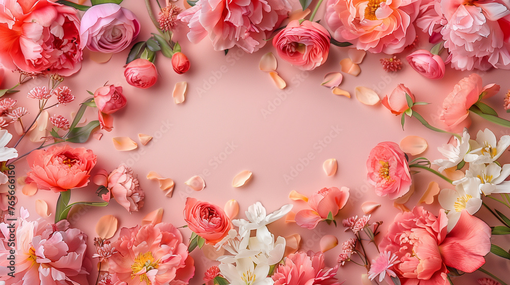 Flat Lay of a Variety of Flowers on Pink Background