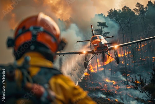 A forest firefighter putting out a fire with a small plane