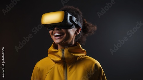 African American woman, girl with VR glasses play with a virtual videogame. online communication and training © Svetlana