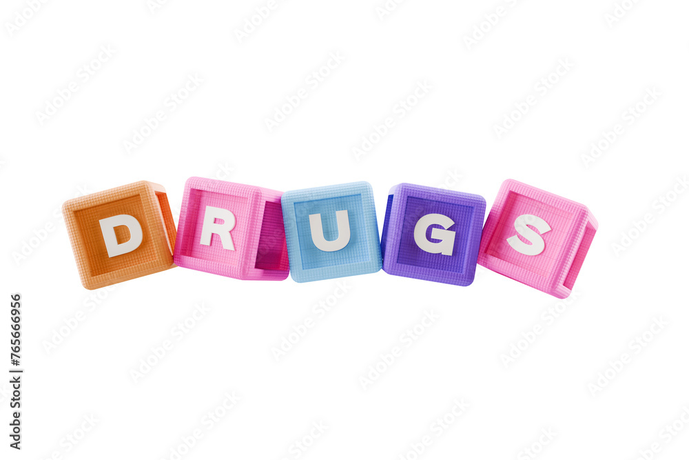 building block cubes spelling out DRUGS, on transparent background