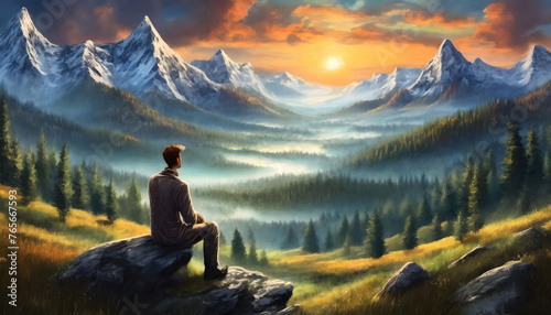 Tranquil Dawn - A Man Observing the Sunrise Amidst Majestic Mountains and Lush Forests