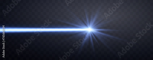 Blue horizontal laser beam. Neon line, presentation pointer. Blue glow flare light effect. Vector illustration. Isolated on dark transparent background.